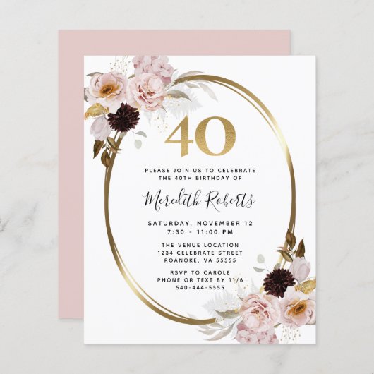Budget 40e verjaardag Rozen Gold Foil Party Uitnod (Voorkant / Achterkant)
