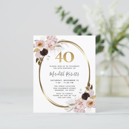 Budget 40e verjaardag Rozen Gold Foil Party Uitnod (Staand voorkant)