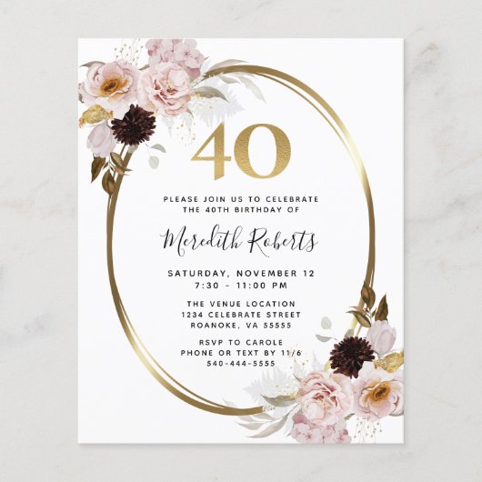 Budget 40e verjaardag Rozen Gold Foil Party Uitnod (Voorkant)