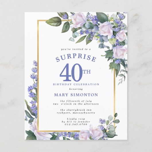 Budget 40e Verjaardag Verrassingsfeest Uitnodiging (Voorkant)