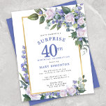 Budget 40e Verjaardag Verrassingsfeest Uitnodiging<br><div class="desc">Eer een speciale vrouw met deze elegante en vrouwelijke Budget 40th Birthday Surprise Party uitnodiging. Verrassing en 40e zijn geschreven in grote blauwe tekst. Verjaardagsviering volgt. De naam van de gehonoreerde gast is ook in blauwe hoofdletters. De verjaardagsviering details zijn omgeven door een chique gouden lijst. De blauwe bloemen en...</div>