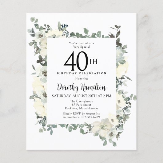 Budget 40e Verjaardag Witte Bloemen Uitnodiging (Voorkant)