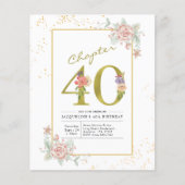 Budget 40th Birthday Floral Gold Script Invitation Flyer (Voorkant)