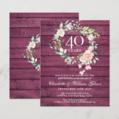 Budget 40th verjaardag Rustic Ruby Houten Uitnodig (Voorkant / Achterkant)