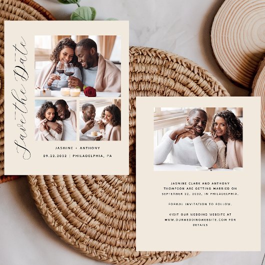 Budget 4-Foto Minimalistisch Beige Save the Date