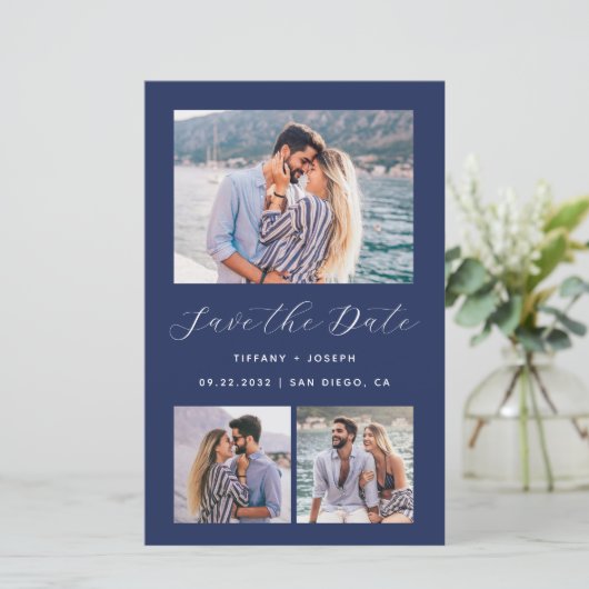 Budget 4-Foto Navy Blue Save the Date (Staand voorkant)