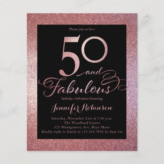 Budget 50 Fabulous Roos Gold Birthday Invitation (Voorkant)