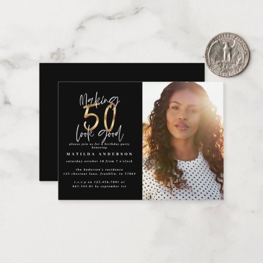 budget 50e foto - verjaardagsuitnodiging notitiekaartje (Voorkant / Achterkant in situ)