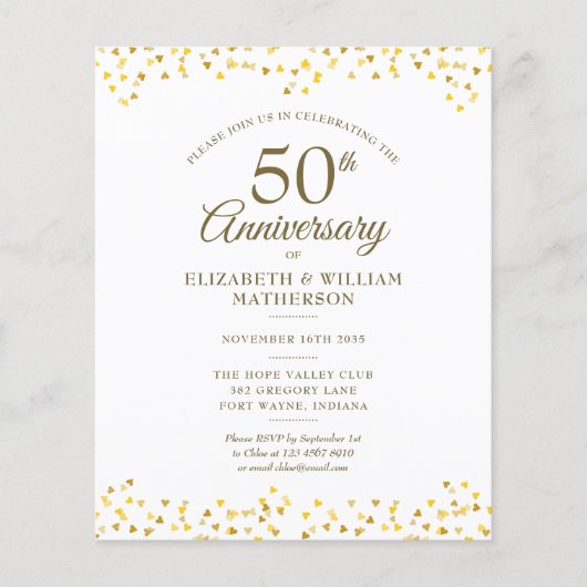 Budget 50e Jubileum Gold Hearts Invitation (Voorkant)