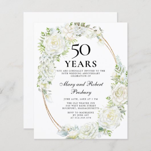 Budget 50e Jubileum Partij White Floral Invite (Voorkant / Achterkant)
