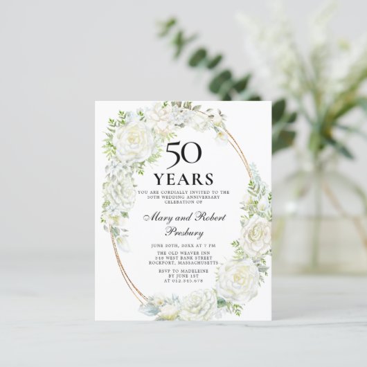 Budget 50e Jubileum Partij White Floral Invite (Staand voorkant)