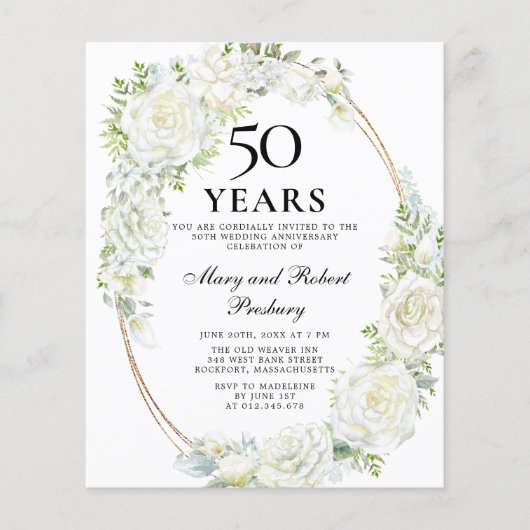 Budget 50e Jubileum Partij White Floral Invite (Voorkant)