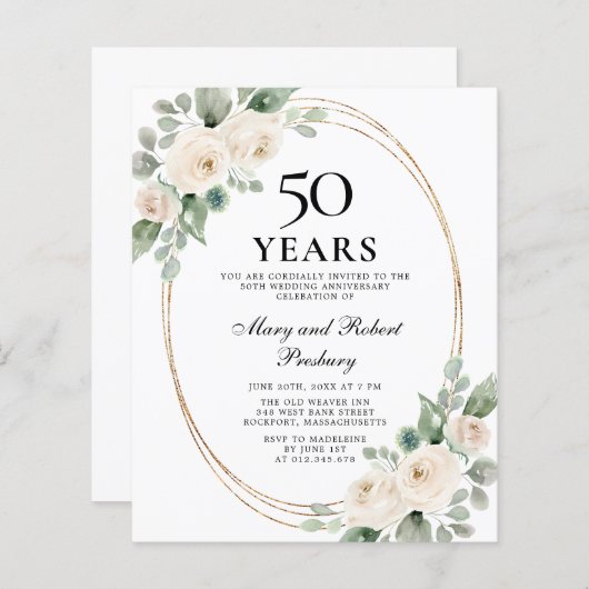 Budget 50e Jubileum Partij White Floral Invite (Voorkant / Achterkant)