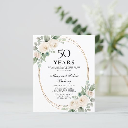 Budget 50e Jubileum Partij White Floral Invite (Staand voorkant)