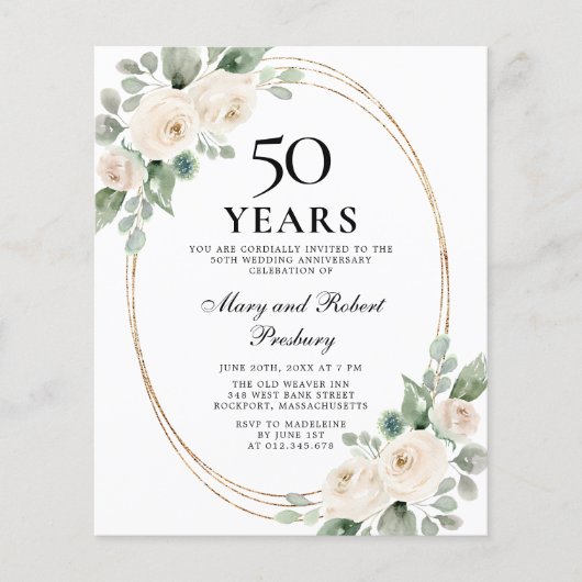 Budget 50e Jubileum Partij White Floral Invite (Voorkant)