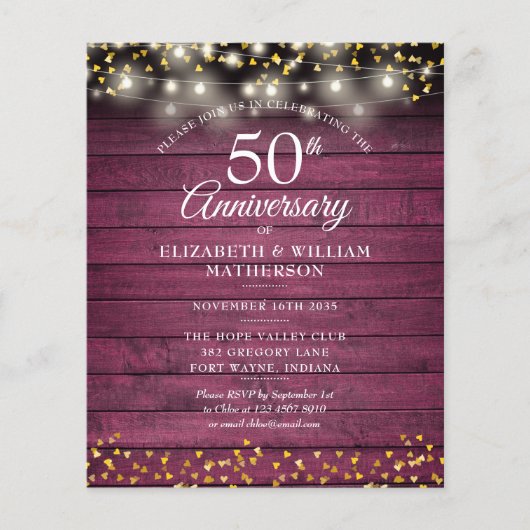 Budget 50e Jubileum Rustic Gold Hearts Invite (Voorkant)