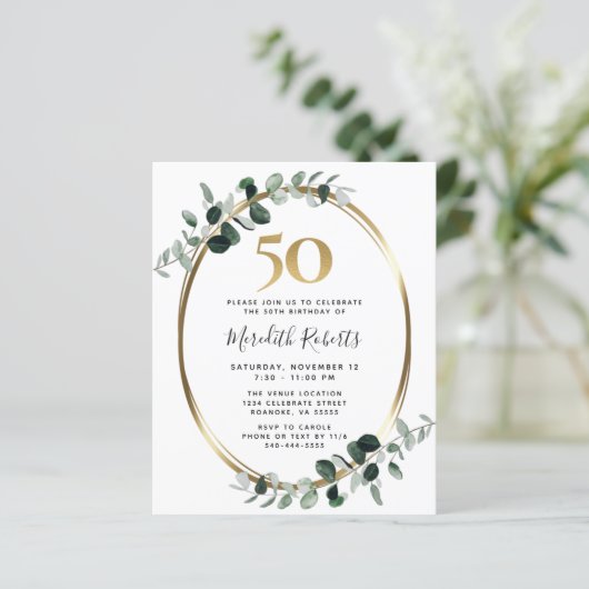 Budget 50e verjaardag Eucalyptus Gold Party Uitnod (Staand voorkant)