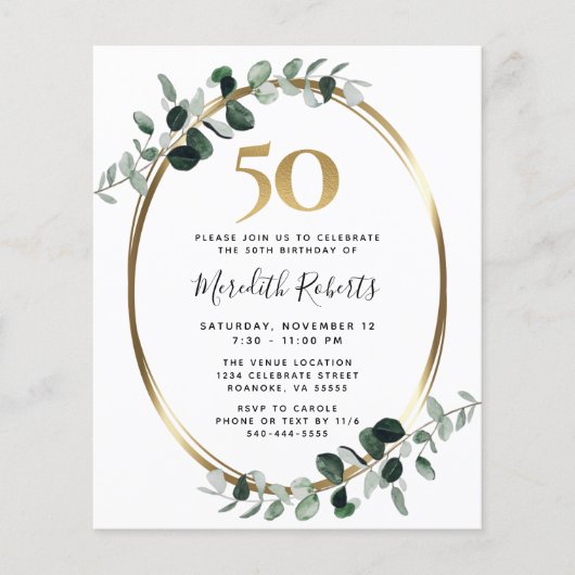 Budget 50e verjaardag Eucalyptus Gold Party Uitnod (Voorkant)