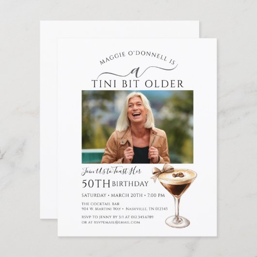 BUDGET 50e verjaardag Foto Espresso Martini Uitnod (Voorkant / Achterkant)