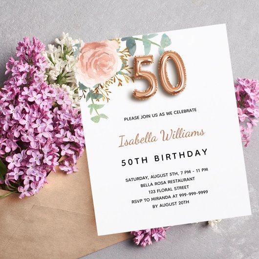 Budget 50e verjaardag roze goud eucalyptus bloemst