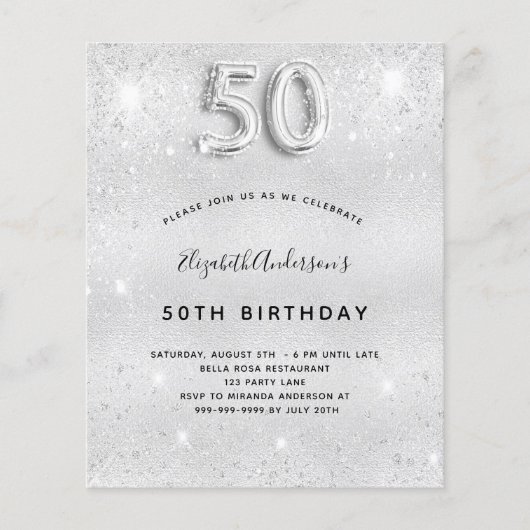 Budget 50e verjaardag zilveren glitter uitnodiging (Voorkant)
