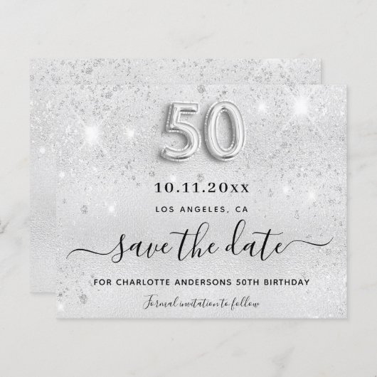 Budget 50e verjaardag zilveren glitters save the d (Voorkant / Achterkant)