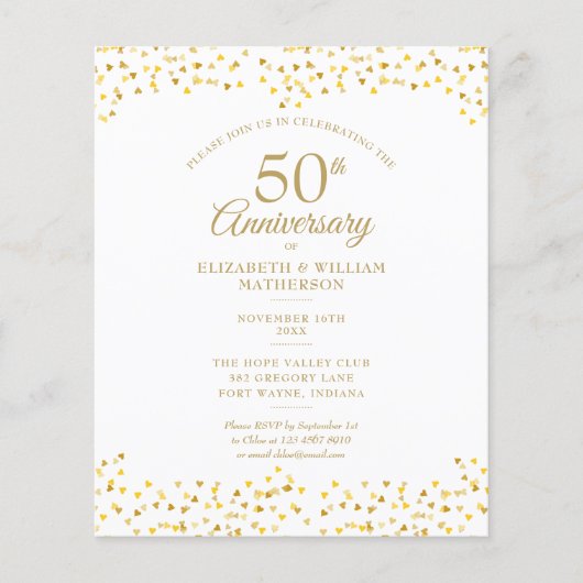 Budget 50th Anniversary Golden Hearts Uitnodiging (Voorkant)