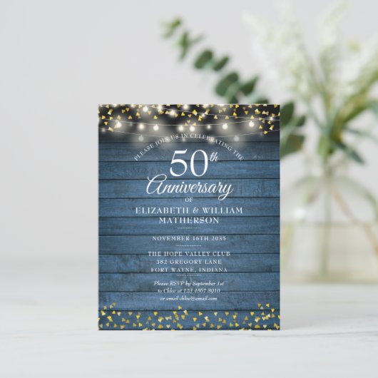Budget 50th Anniversary Rustic String Light Uitnod (Staand voorkant)