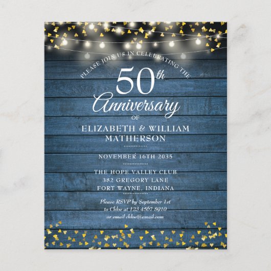 Budget 50th Anniversary Rustic String Light Uitnod (Voorkant)