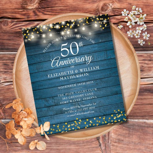 Budget 50th Anniversary Rustic String Light Uitnod