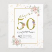 Budget 50th Birthday Floral Gold Script Invitation Flyer (Voorkant)