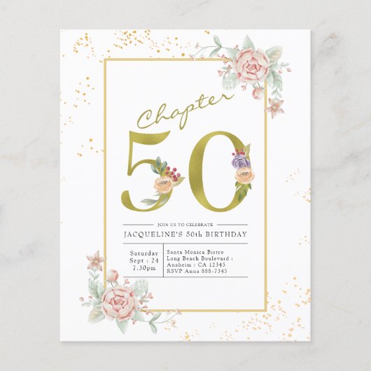 Budget 50th Birthday Floral Gold Script Invitation Flyer (Voorkant)