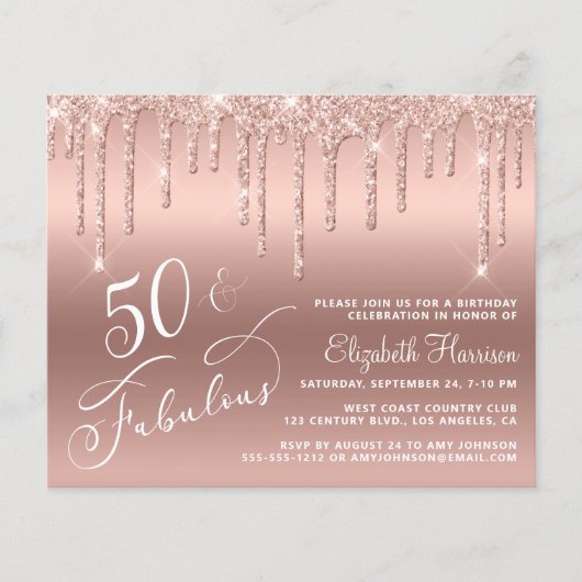 Budget 50th Birthday Glitter Roos Gold Invitation (Voorkant)