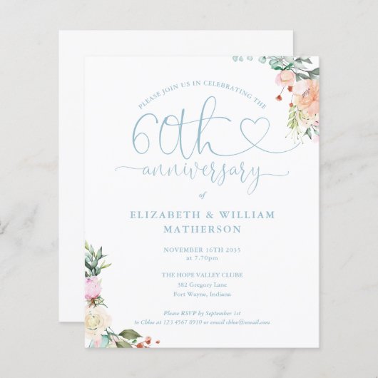Budget 60e Jubileum Hart Bloemenuitnodiging (Voorkant / Achterkant)