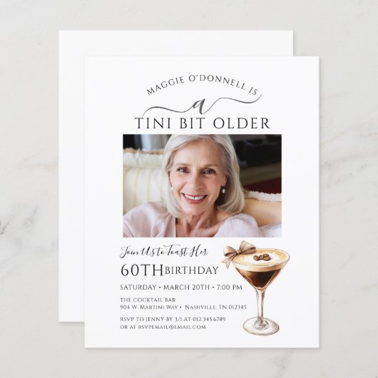 BUDGET 60e verjaardag Foto Espresso Martini Uitnod (Voorkant / Achterkant)