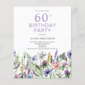 Budget 60e Verjaardag Paarse Bloemenuitnodiging Flyer (Voorkant)