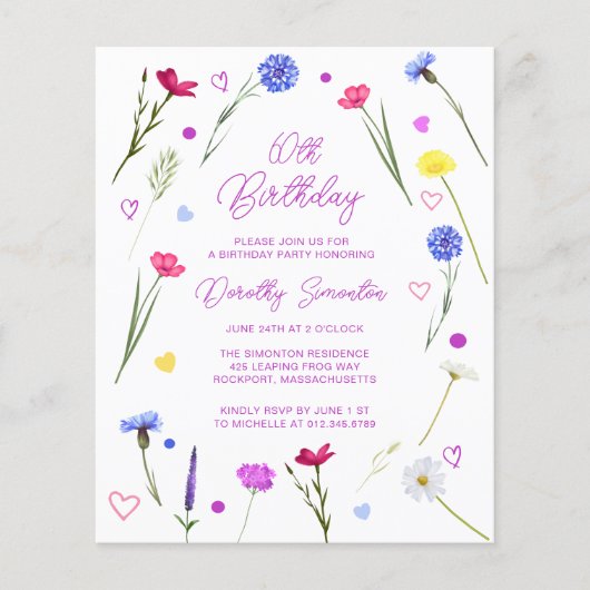 BUDGET 60e verjaardag Party Wildflower Uitnodiging (Voorkant)
