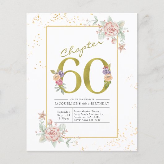 Budget 60th Birthday Floral Gold Script Invitation Flyer (Voorkant)