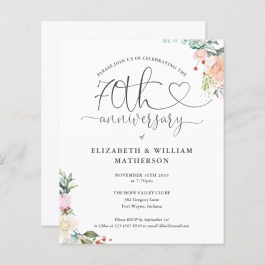 Budget 70e Jubileum Hart Bloemenuitnodiging (Voorkant / Achterkant)