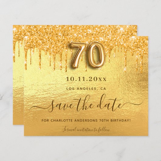 Budget 70e verjaardag gouden glitters save the dat (Voorkant / Achterkant)