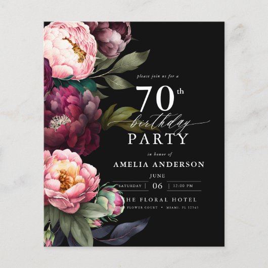Budget 70e verjaardag Moody Bloemen Uitnodiging Flyer (Voorkant)