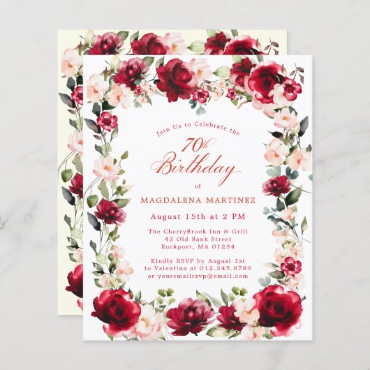 BUDGET 70e verjaardag Red Rose Pink Peony Invite (Voorkant / Achterkant)