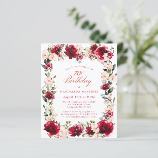 BUDGET 70e verjaardag Red Rose Pink Peony Invite (Staand voorkant)