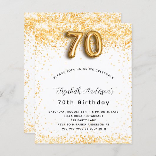 Budget 70e verjaardag witte gouden glitters uitnod (Voorkant / Achterkant)