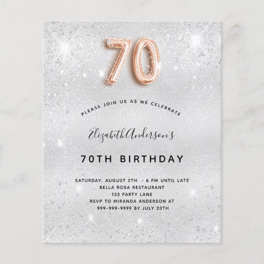 Budget 70e verjaardag zilveren roos gouduitnodigin (Voorkant)