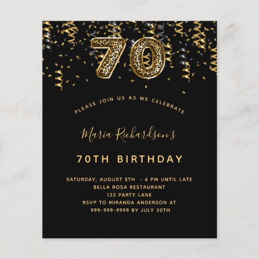 Budget 70e verjaardag zwart goud luipaard feest (Voorkant)