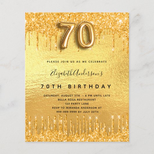Budget 70e verjaardagsfeestje goudglitter uitnodig (Voorkant)