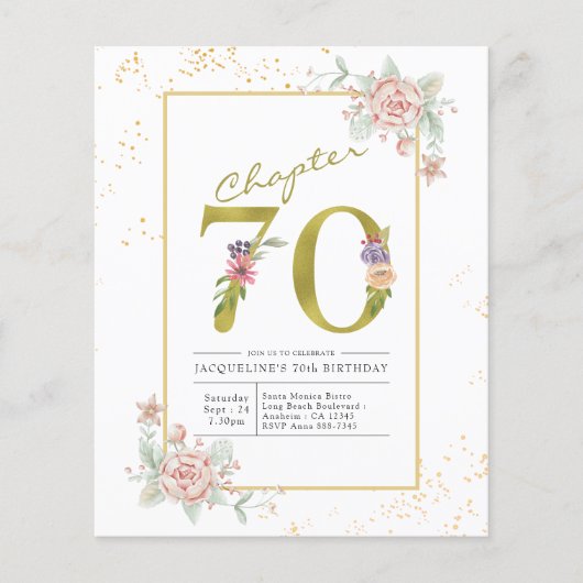 Budget 70th Birthday Floral Gold Script Invitation Flyer (Voorkant)