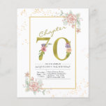 Budget 70th Birthday Floral Gold Script Invitation Flyer<br><div class="desc">Verfijnde en elegante uitnodiging van de manuscriptverjaardag. LAGE BUDGET INVITATION FLYERS. *** OPMERKING: deze budgetoptie is een flyer (geen enveloppen inbegrepen) dus de lage prijs - De SATIN-optie is de dikkere keuze. Het ontwerp heeft een extra sjabloon aan de achterzijde (ja, toegevoegde waarde!) voor extra details zoals RSVP, richtingen enz....</div>