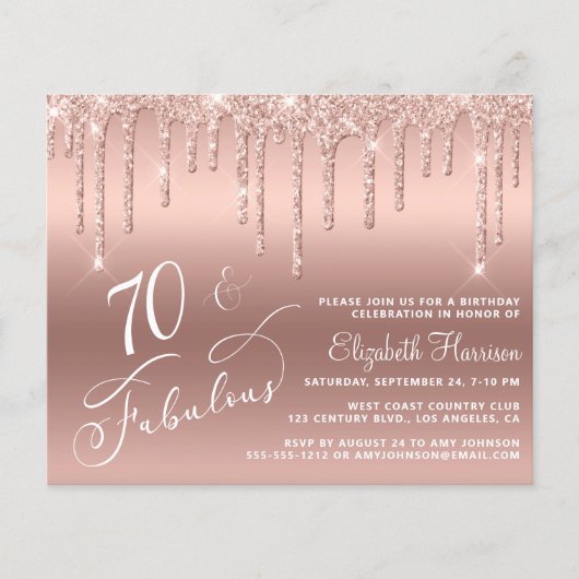 Budget 70th Birthday Glitter Roos Gold Invitation Flyer (Voorkant)
